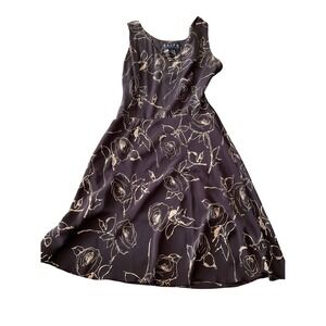 Ralph Lauren Brown Silk Blend Rose Floral Midi Dress Sleeveless Womens Vintage
